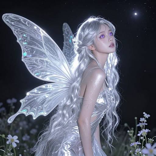 Digital art of a glowing, ethereal fairy with long white hair, translucent wings, and purple eyes, standing in a moonlit field of flowers.