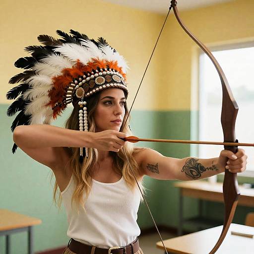 Woman Drawing Bow Wearing Feather Headdress