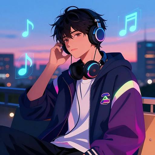 Anime-style digital artwork of a black-haired, young man in a hoodie and headphones, listening to music against a twilight city skyline. Musical notes float in