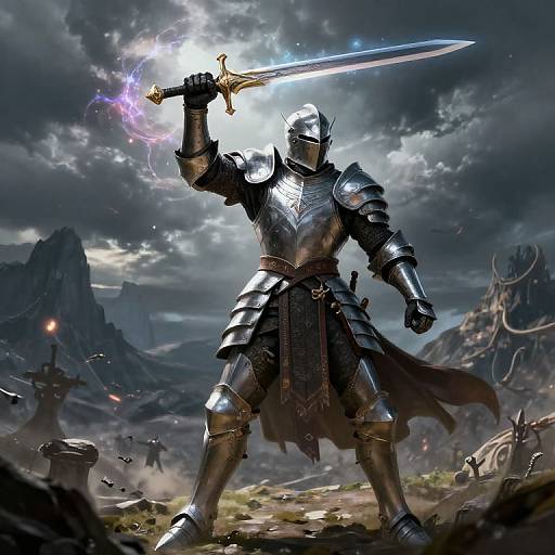 Digital fantasy artwork of a armored knight with a glowing, electrified sword, standing in a stormy, mountainous battlefield. Dark clouds, distant ruins