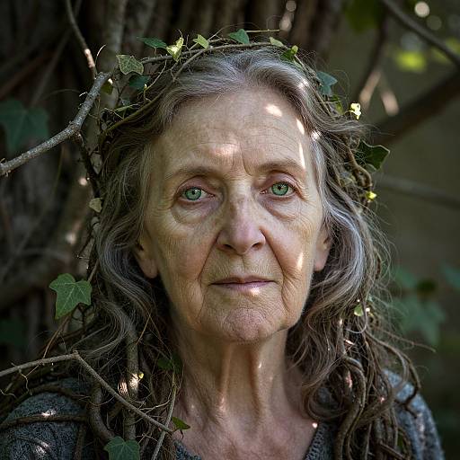 Photograph of an elderly woman with green eyes, gray wavy hair, and a leafy vine crown, set against a shadowy, leafy