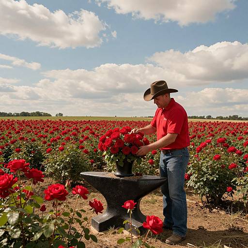 Photograph of a man in a red shirt and brown hat, pruning red roses at a large field under a bright, cloudy sky.