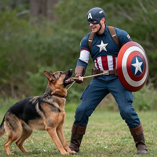 Photograph of a man in Captain America costume holding a leash to a German Shepherd, standing on grass with a blurred forest background. He wears a helmet