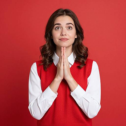 Photograph of a young woman with wavy brown hair, wearing a white shirt and red knitted sweater, hands pressed together in a prayer position,