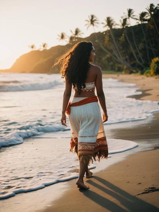 Moana-Inspired Woman at Sunset Shore