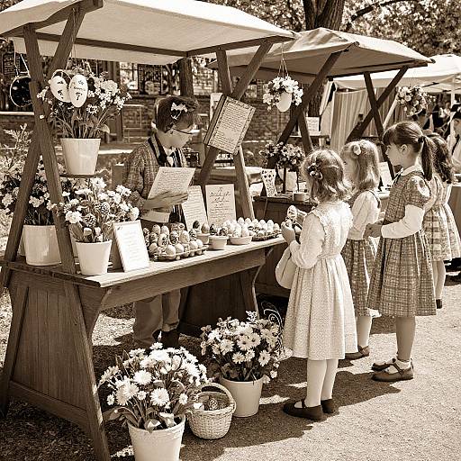 Sepia-toned photograph of a market stall with a vendor, three young girls in dresses, and potted flowers under wooden umbrellas.
