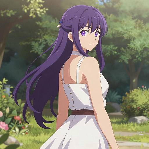 Anime-style digital illustration of a beautiful girl with long purple hair, wearing a white sleeveless dress, standing in a lush, sunlit garden. She