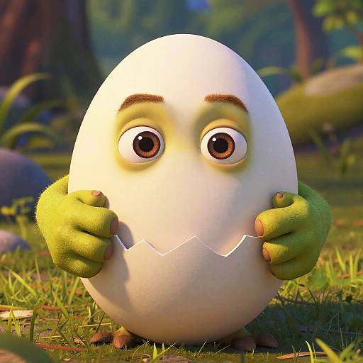 CGI image of a cute, white egg with green hands, big eyes, and cracked smile, standing on grass in a forest.