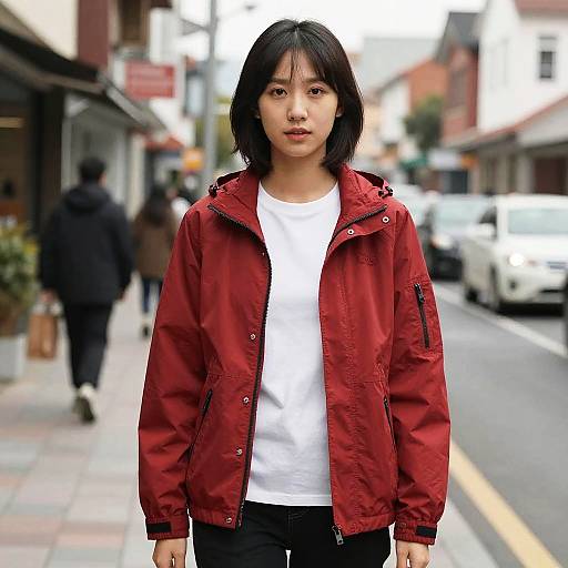 Woman in Red Jacket on Street