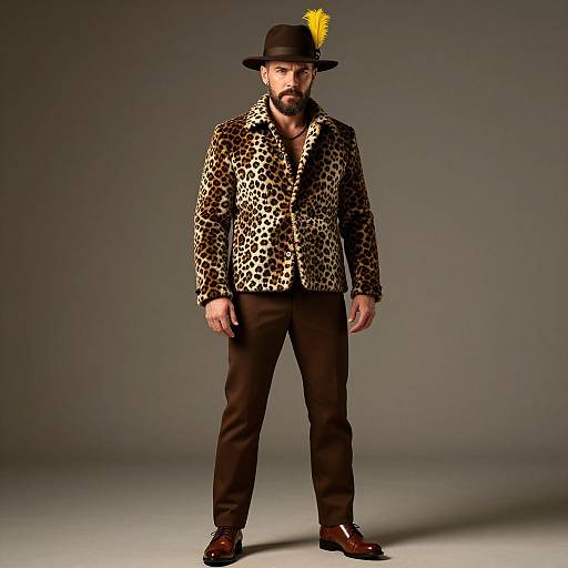 Photograph of a bearded man with dark skin, wearing a leopard-print jacket, black pants, brown shoes, black hat with yellow feather, and