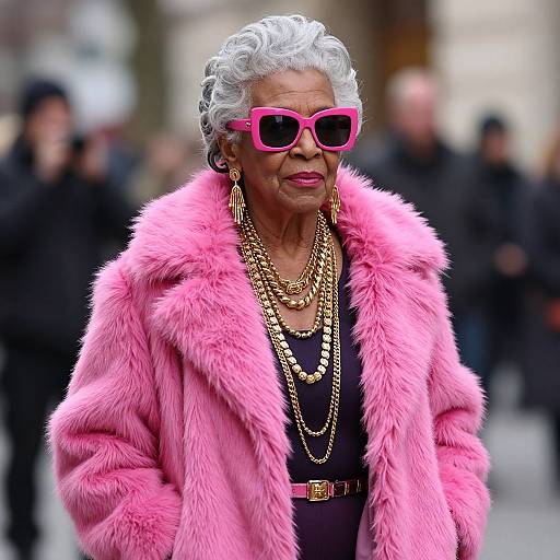Photograph of an elderly woman with silver curly hair, wearing a vibrant pink fur coat, pink sunglasses, gold chains, and pink belt, standing confidently