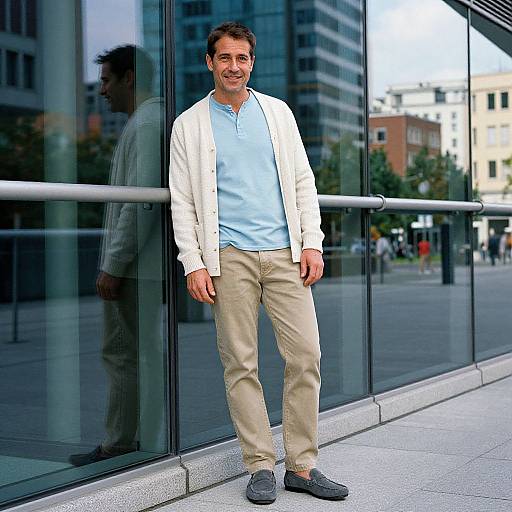 Photograph of a smiling man with short brown hair, wearing a light blue polo, beige pants, white cardigan, and grey shoes, standing against