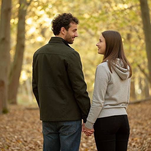 Photograph of a curly-haired man in a black jacket and blue jeans, holding hands with a brown-haired woman in a gray hoodie and black pants,