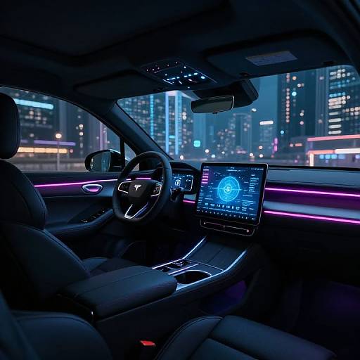 Photograph of a futuristic car interior at night, with neon pink lighting, a touchscreen displaying a holographic interface, and a cityscape of lit skys