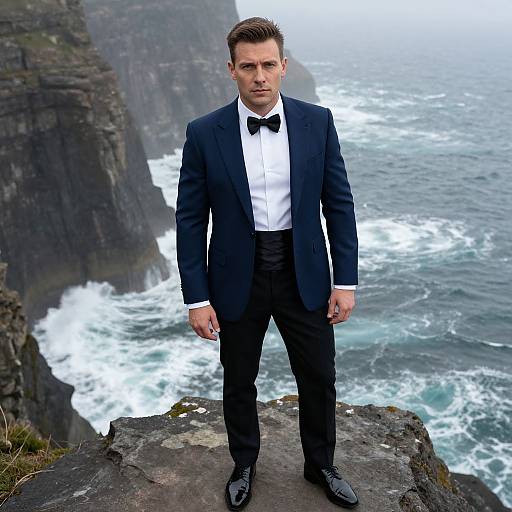 Photograph of a handsome man with short brown hair, wearing a black tuxedo, white shirt, and black bow tie, standing on a rocky