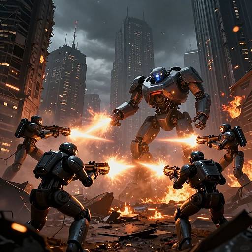 CGI battle scene: three humanoid robots firing at a towering, glowing blue-eyed robot amidst fiery explosions in a dark, ruined cityscape.