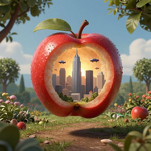 Photorealistic digital artwork: Red apple with bite mark reveals futuristic cityscape, including skyscrapers and flying cars, against sunny orchard background.