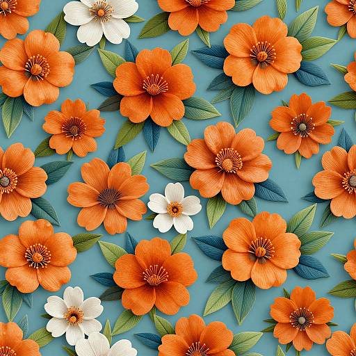 Vibrant digital illustration of orange and white flowers with green leaves on a blue background, arranged in a repetitive pattern.