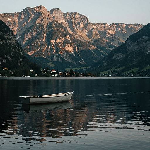 Photograph of a small white rowboat on a calm lake, with reflections of mountains and a village in the background, bathed in warm, late