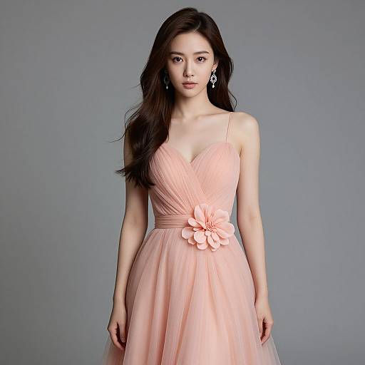 Realistic Girl in Pink Peach Dress