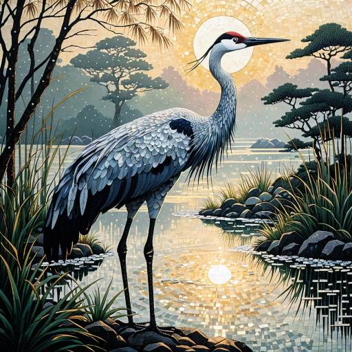 Iridescent Pearl Crane in Serene Wetlands Iridescent Pearl Crane in Serene Wetlands