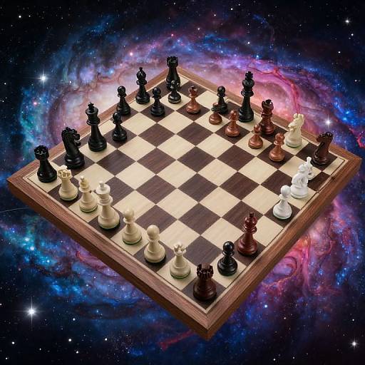 Photograph of a chessboard with black and white pieces floating in a cosmic nebula background, featuring vibrant blues, purples, and reds.