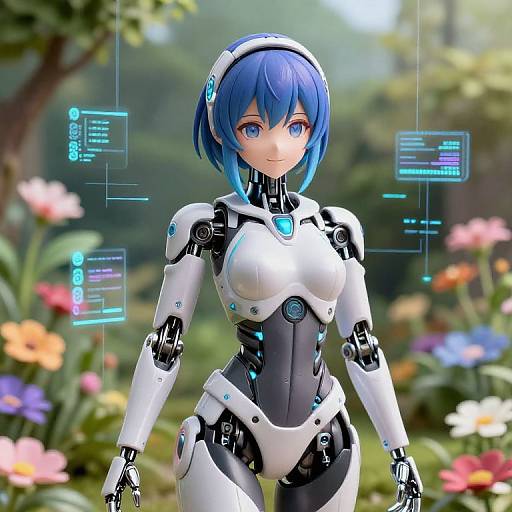 Digital anime-style drawing of a blue-haired, blue-eyed, cybernetic woman with white and black armor, standing in a colorful, blurred garden.