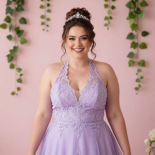 Photograph of a smiling plus-size bride with dark hair in an updo, wearing a lavender lace wedding dress and tiara, against a pink background
