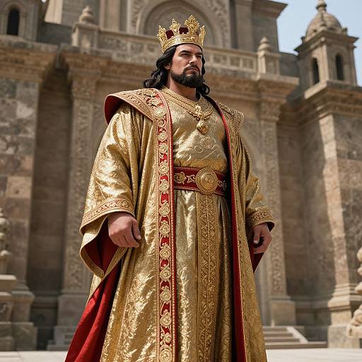 Digital rendering of a bearded king with dark hair, wearing a gold and red embroidered robe, crown, and standing in front of a grand stone cathedral