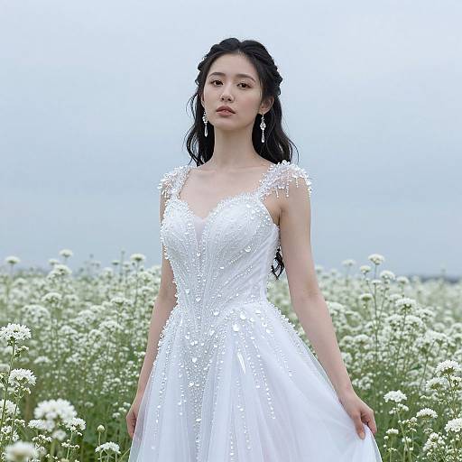 Photograph of an Asian woman with long black hair in a sparkling white, sleeveless, V-neck wedding dress standing in a field of white flowers under