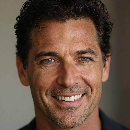 Photograph of a smiling middle-aged man with short, curly dark hair, green eyes, light stubble, and a slight tan, against a blurred