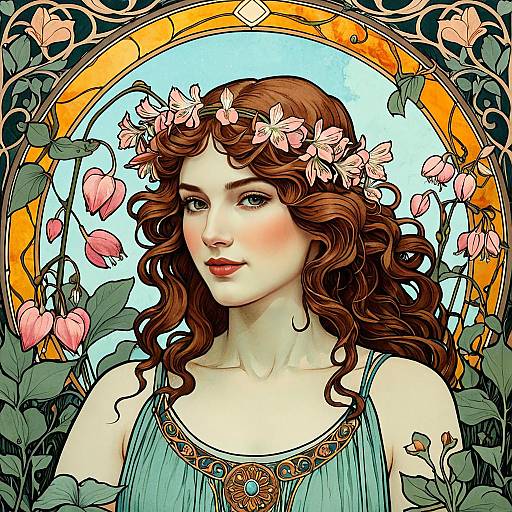 Art Nouveau Sylvan Nymph with Bleeding Hearts