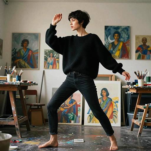 Photograph of a barefoot young man with short black hair, wearing a black sweater and jeans, dancing in a colorful, cluttered art studio with