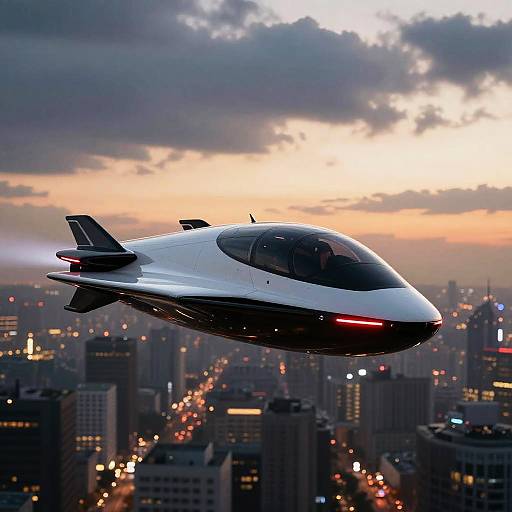 Futuristic Hovercraft Over Cityscape