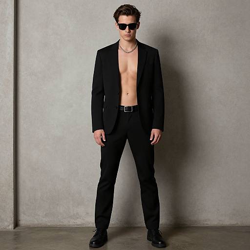 Photograph of a slim, young white man with short brown hair, wearing a black suit, black pants, black shoes, black sunglasses, and a