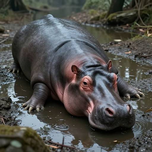 Photograph of a large, dark gray hippopotamus lying in a muddy, reflective waterhole in a dense, forested area with moss-covered trees