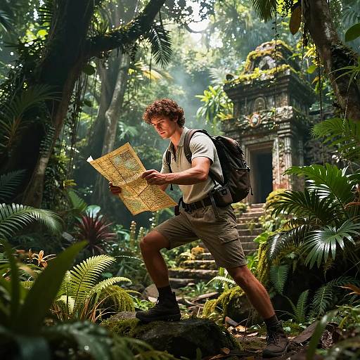 Photograph of a curly-haired, young man in a white shirt and khaki shorts, holding a map, exploring a lush, sunlit jungle with