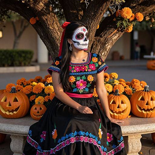Photograph of a woman in a colorful, floral embroidered black dress, white sugar skull mask, seated on stone bench, surrounded by orange marigolds