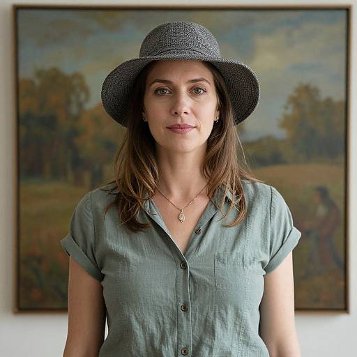 Photograph of a woman with light skin, brown hair, wearing a grey hat and green button-up shirt, standing in front of a landscape painting.