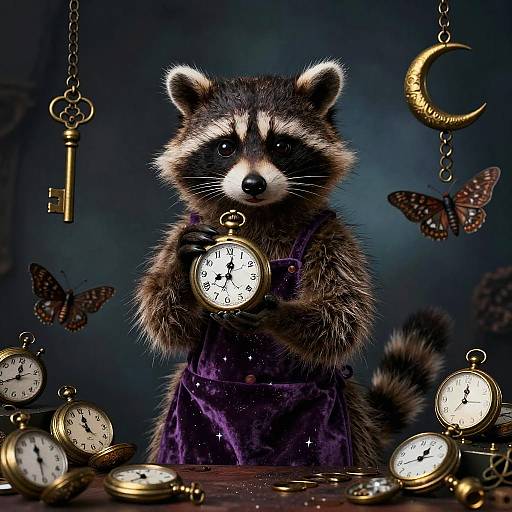 Whimsical Clocksmith Raccoon with Pocket Watches