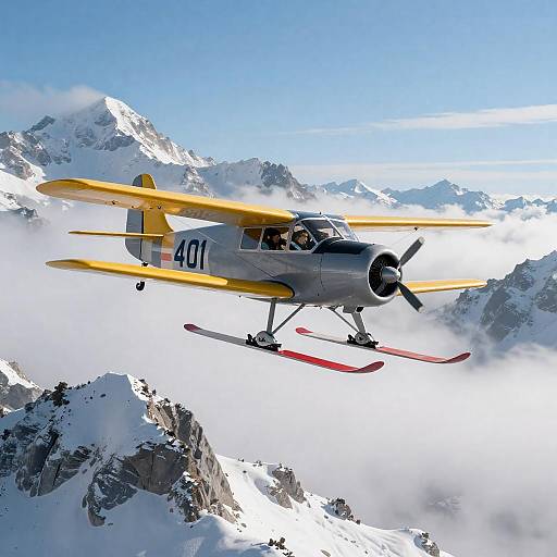 Vintage Aircraft Flying Over Snowy Mountains