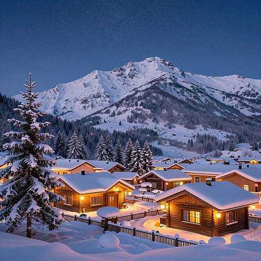 Photograph of a snowy mountain village at night, with warmly lit wooden cabins, snow-covered roofs, and a starry sky over jagged peaks.