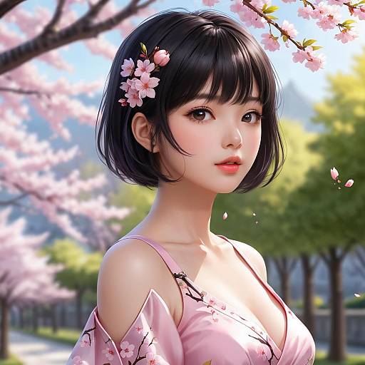 Expressionless Side Portrait Among Cherry Blossoms