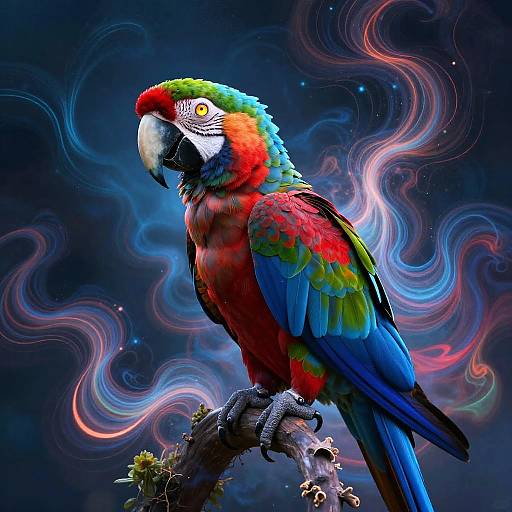 Vibrant digital artwork of a colorful macaw perched on a branch, against a swirling, psychedelic blue and pink background.