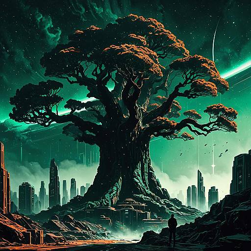 Colossal Ancient Tree Overlooking Futuristic City
