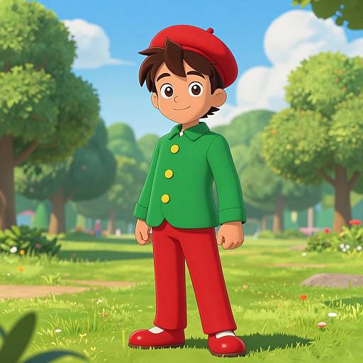 Digital cartoon of a smiling boy with brown hair, wearing a red hat, green shirt with yellow buttons, red pants, and red shoes, standing in