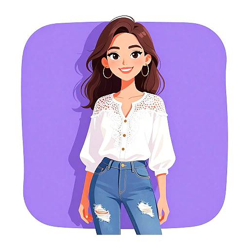 Digital illustration of a smiling woman with long brown hair, wearing a white lace blouse and blue ripped jeans, against a purple background.