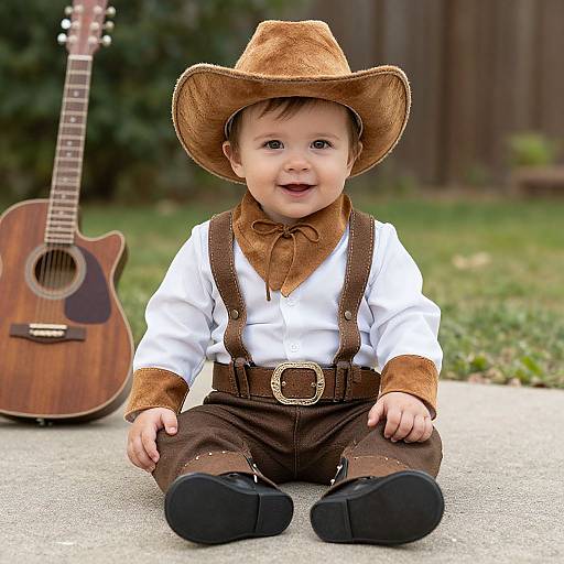 Photograph of a smiling baby boy in a brown cowboy hat, white shirt, brown suspenders, and boots, sitting on concrete with a guitar in