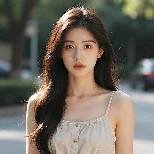 Photograph of a young Asian woman with long, dark brown hair, wearing a white, buttoned sleeveless top, standing in a sunlit,