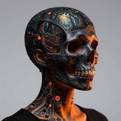 Photorealistic CGI of a cybernetic human skull with glowing orange circuitry, reflecting a digital forest, against a light gray background.